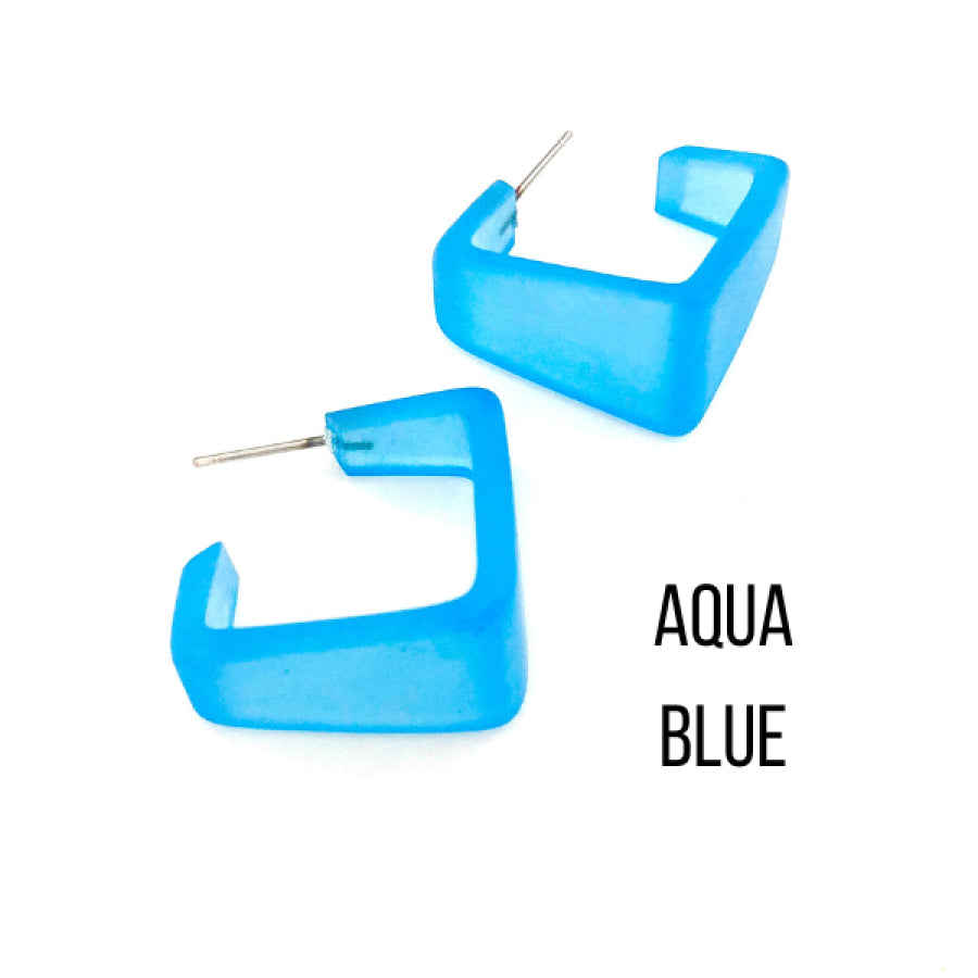 Wide Cubist Frosted Hoop Earrings Aqua Blue Square Hoops