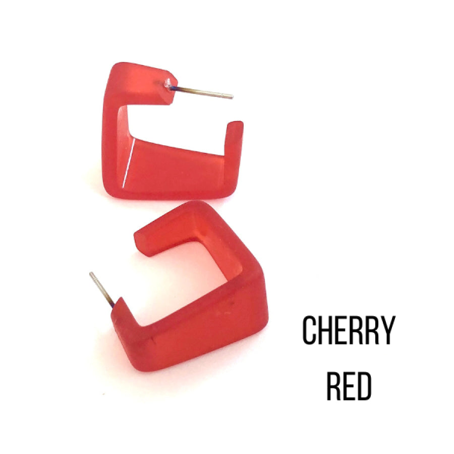 Wide Cubist Frosted Hoop Earrings Cherry Red Square Hoops