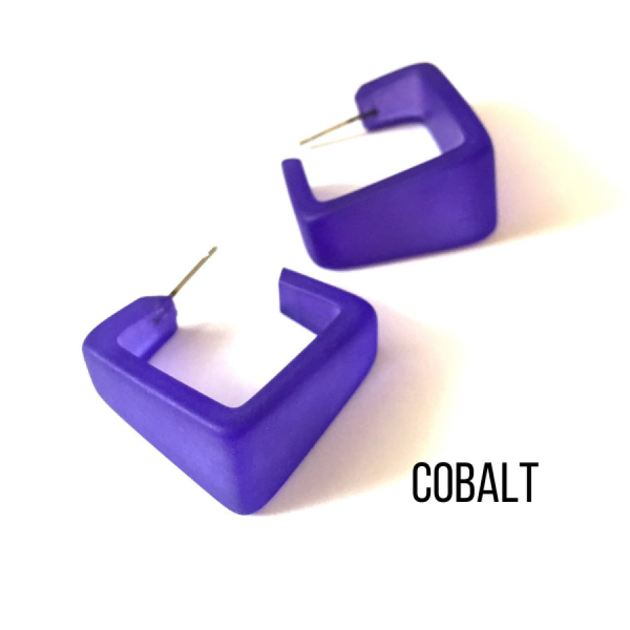 Wide Cubist Frosted Hoop Earrings Cobalt Blue Square Hoops