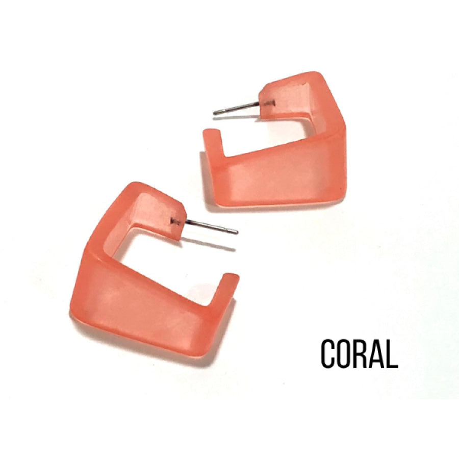 Wide Cubist Frosted Hoop Earrings Coral Square Hoops