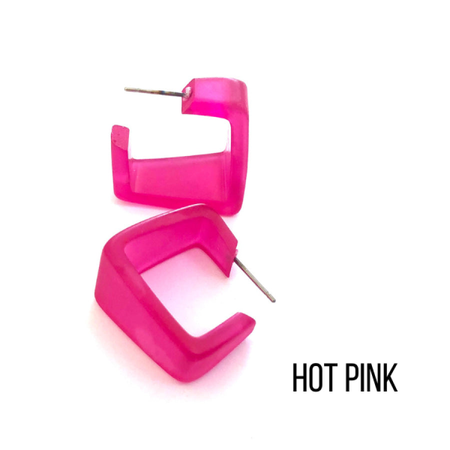 Wide Cubist Frosted Hoop Earrings Hot Pink Square Hoops