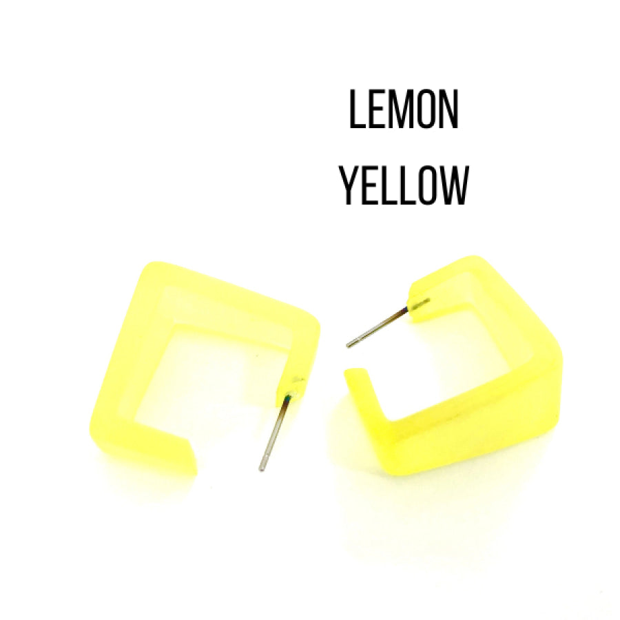 Wide Cubist Frosted Hoop Earrings Lemon Yellow Square Hoops