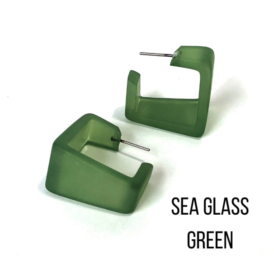 Wide Cubist Frosted Hoop Earrings Sea Glass Green Square Hoops