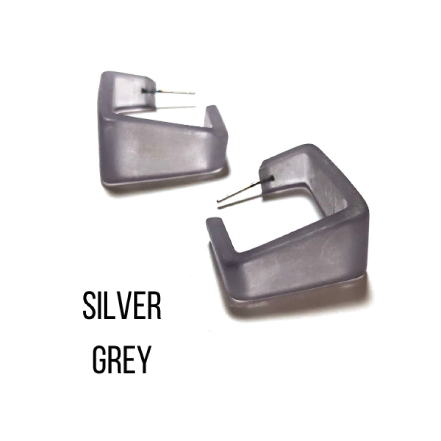 Wide Cubist Frosted Hoop Earrings Silver Grey Square Hoops
