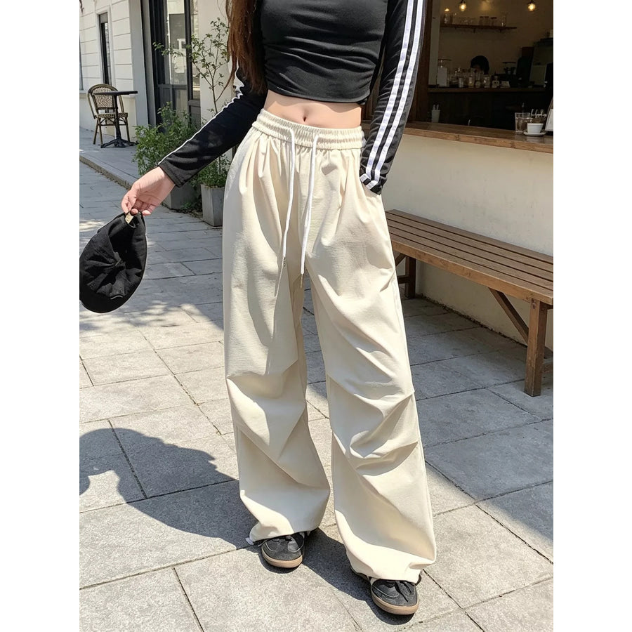 Wide-Leg Casual Pants with Drawstring Beige / M Apparel and Accessories