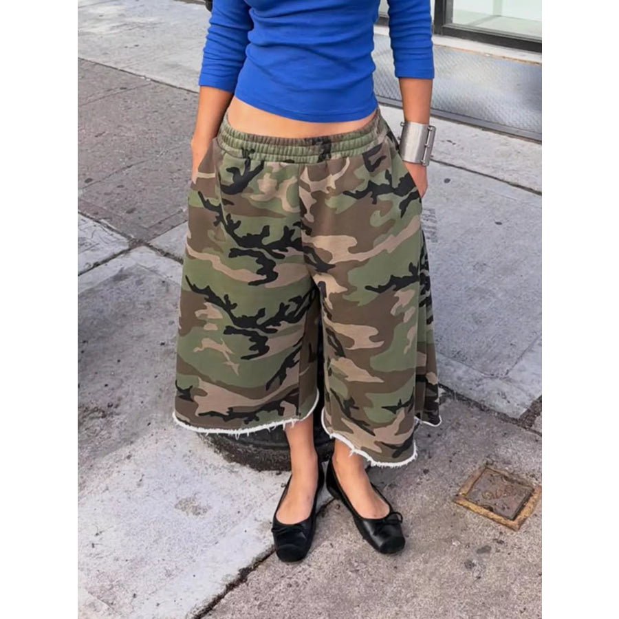 Wide-Leg Cropped Sweatpants with Pockets Green Camouflage / S Apparel and Accessories