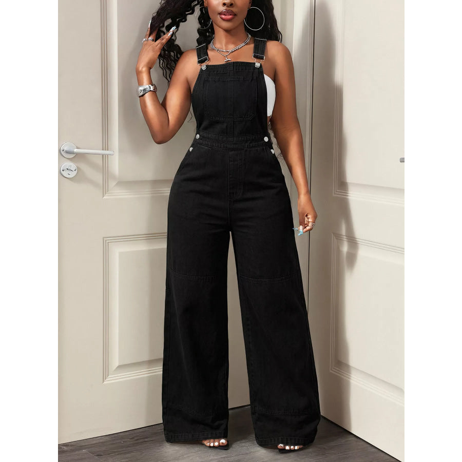 Wide Leg Denim Overalls with Adjustable Straps Apparel and Accessories