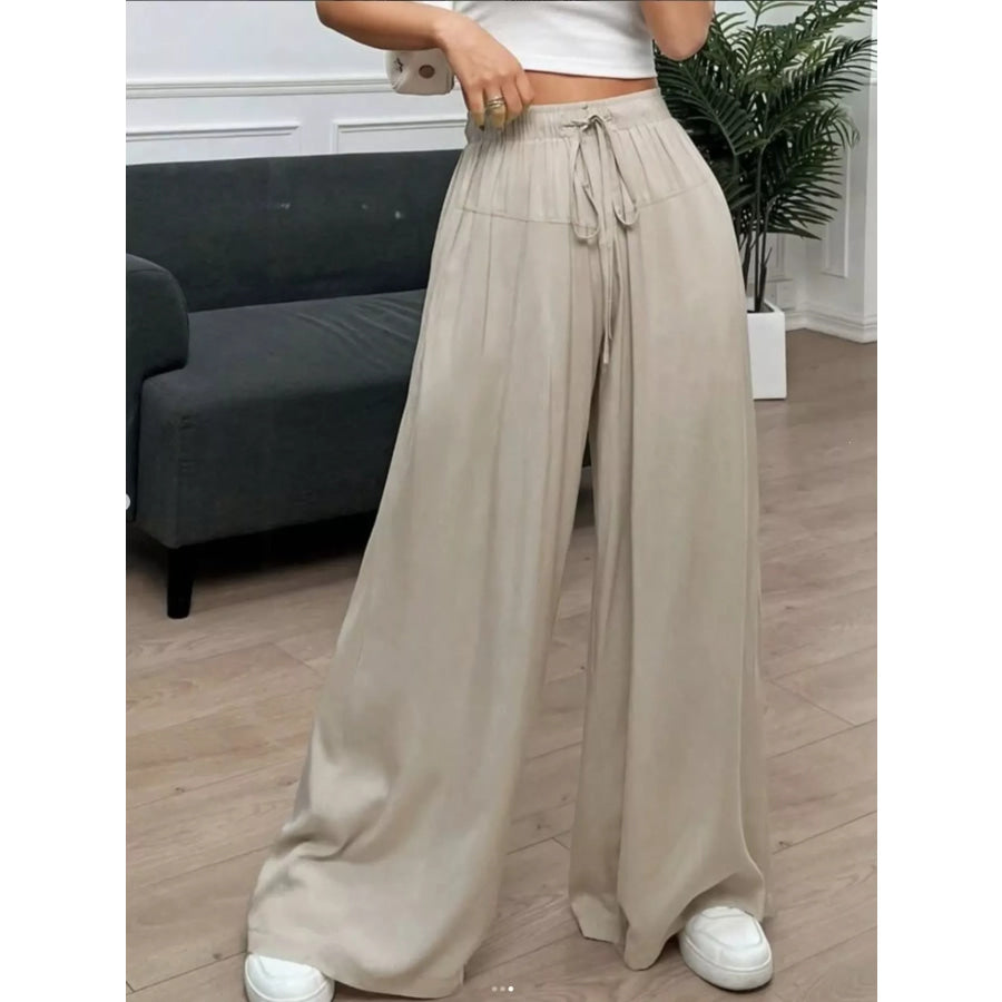 Wide-Leg Drawstring Casual Pants Apricot / S Apparel and Accessories