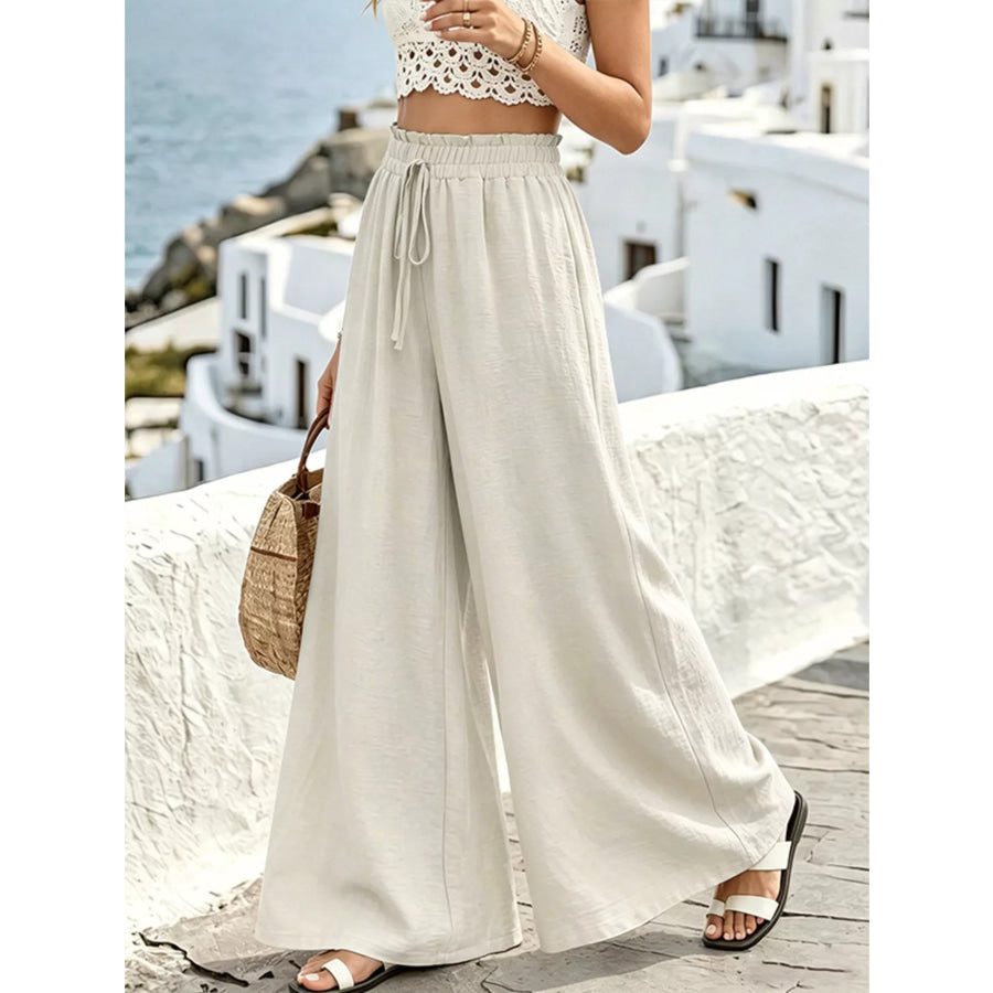 Wide Leg Drawstring Pants Apricot / S Apparel and Accessories