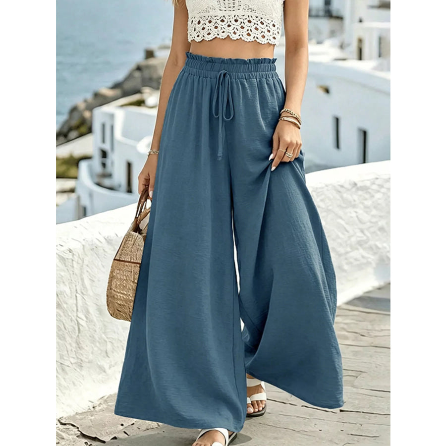 Wide Leg Drawstring Pants Blue / S Apparel and Accessories