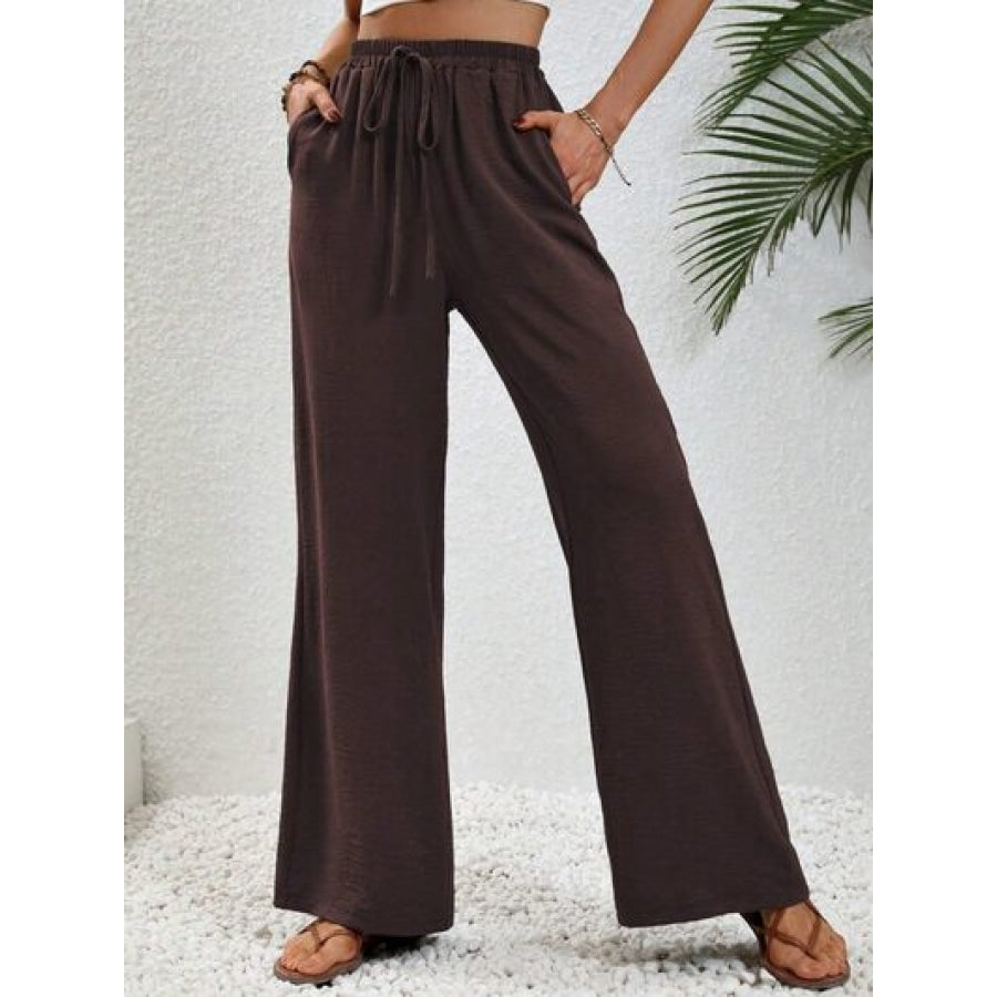 Wide Leg Drawstring Pants Burnt Umber / S Clothing