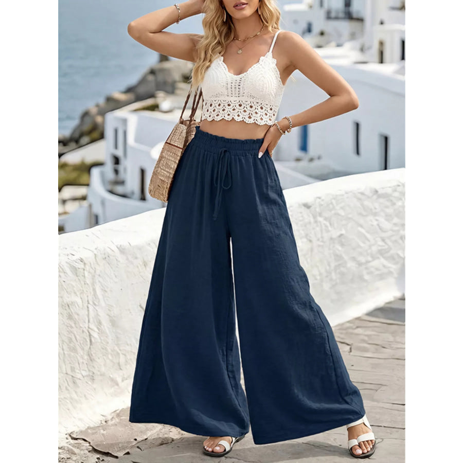 Wide Leg Drawstring Pants Dark Blue / S Apparel and Accessories