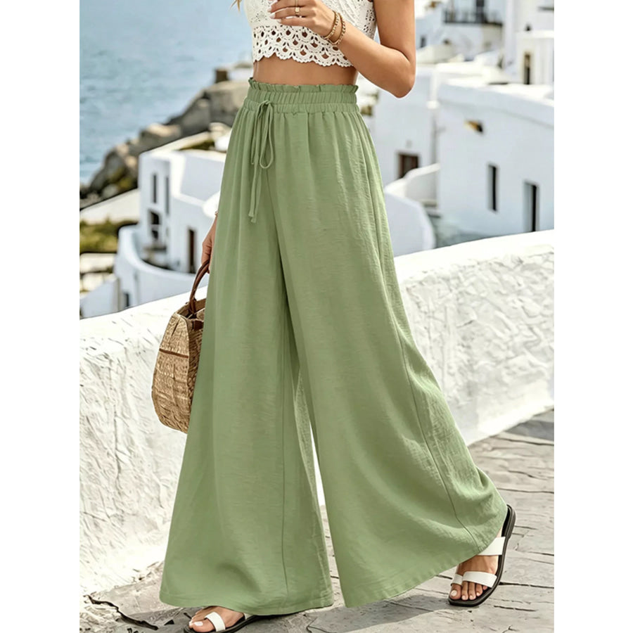 Wide Leg Drawstring Pants Green / S Apparel and Accessories