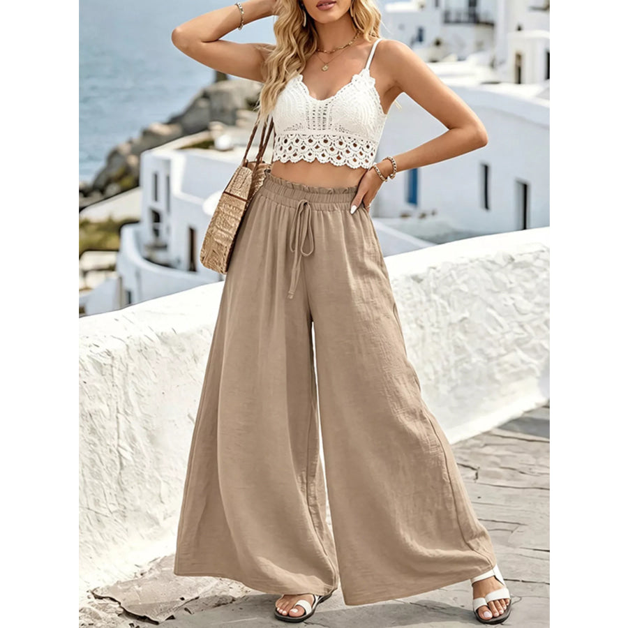 Wide Leg Drawstring Pants Khaki / S Apparel and Accessories