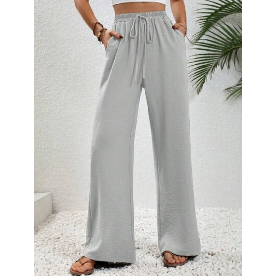 Wide Leg Drawstring Pants Light Gray / S Clothing