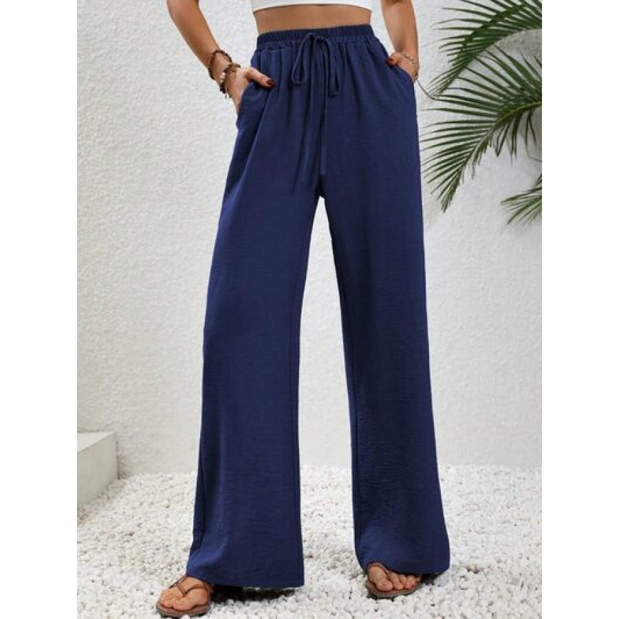 Wide Leg Drawstring Pants Navy / S Clothing