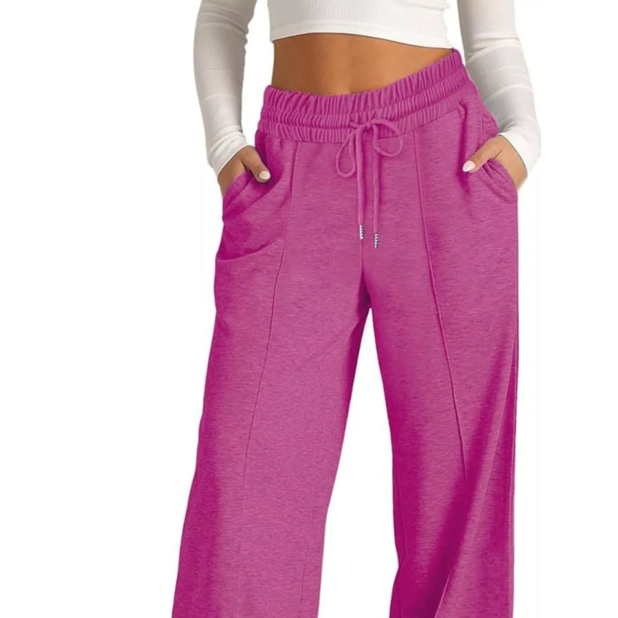 Wide Leg Drawstring Pants Rose Red / S Apparel and Accessories