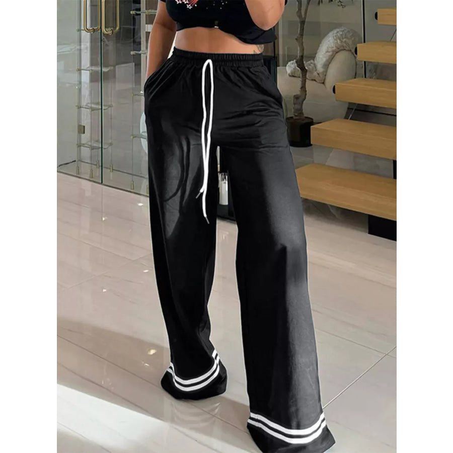 Wide-Leg Drawstring Pants with Striped Hem Apparel and Accessories