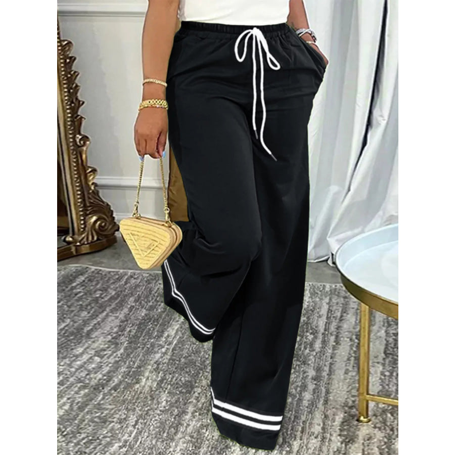 Wide-Leg Drawstring Pants with Striped Hem Apparel and Accessories