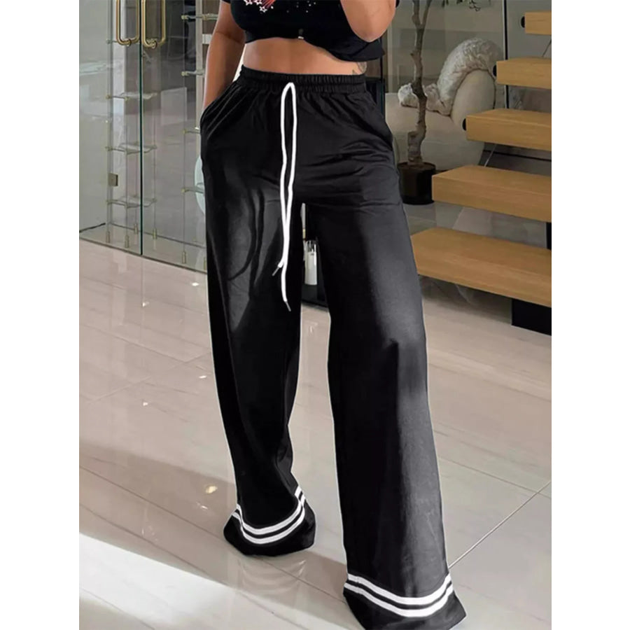 Wide-Leg Drawstring Pants with Striped Hem Apparel and Accessories