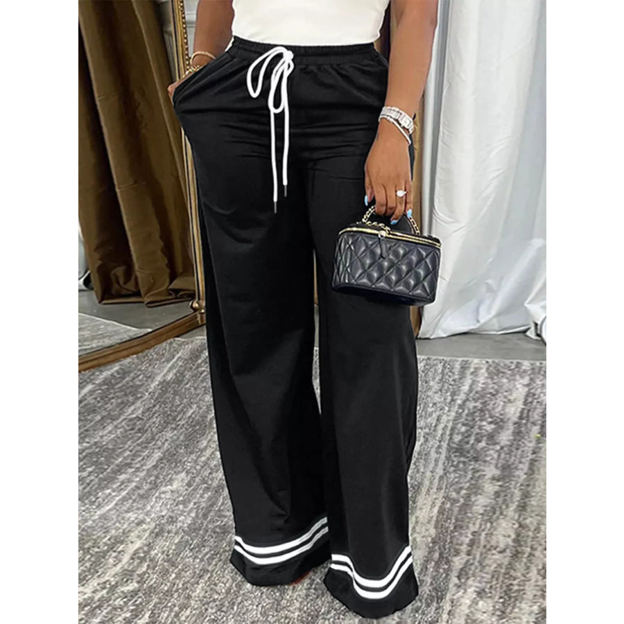 Wide-Leg Drawstring Pants with Striped Hem Black / S Apparel and Accessories