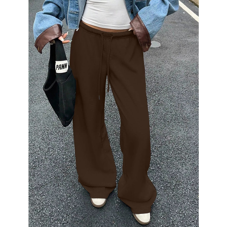 Wide Leg Drawstring Sweatpants Brown / S Apparel and Accessories