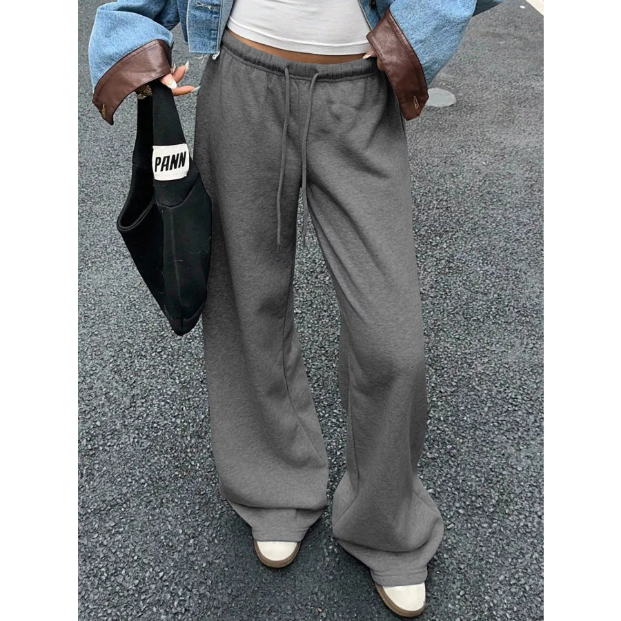 Wide Leg Drawstring Sweatpants Gray / S Apparel and Accessories