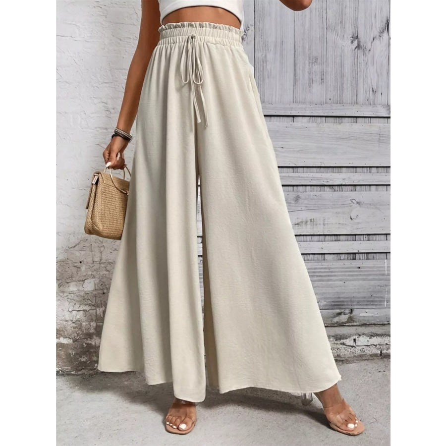 Wide Leg Drawstring Waist Casual Pants Beige / S Apparel and Accessories