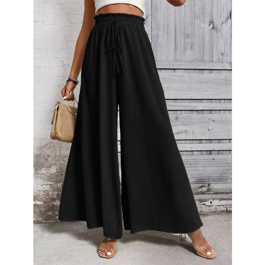 Wide Leg Drawstring Waist Casual Pants Black / S Apparel and Accessories