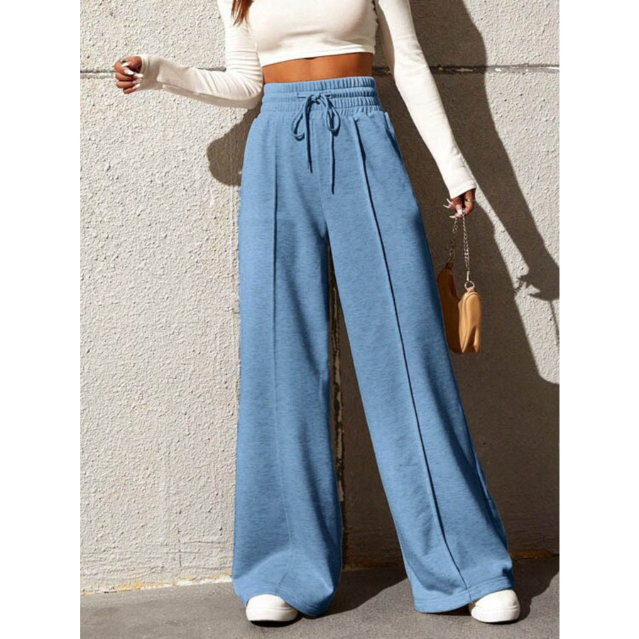 Wide Leg Drawstring Waist Pants Sky Blue / S Apparel and Accessories