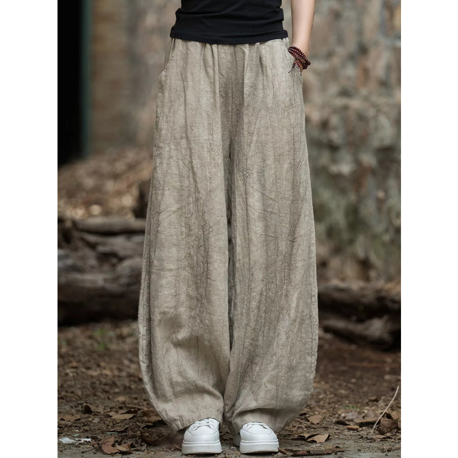 Wide-Leg Elastic Waist Pants Khaki / S Apparel and Accessories