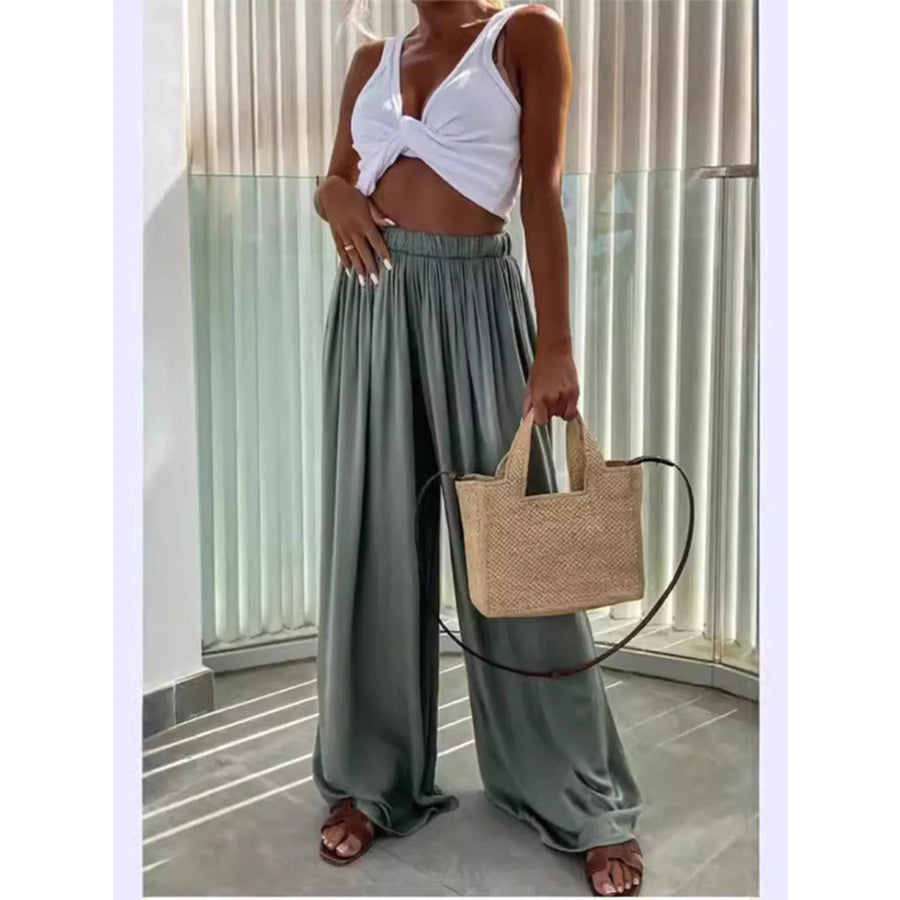 Wide-Leg Flowy Pants Green / S Apparel and Accessories