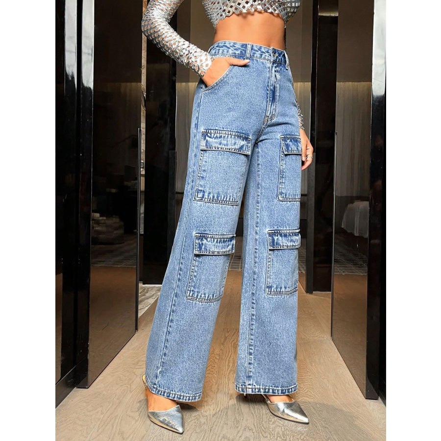 Wide Leg High Waist Jeans with Pockets Apparel and Accessories