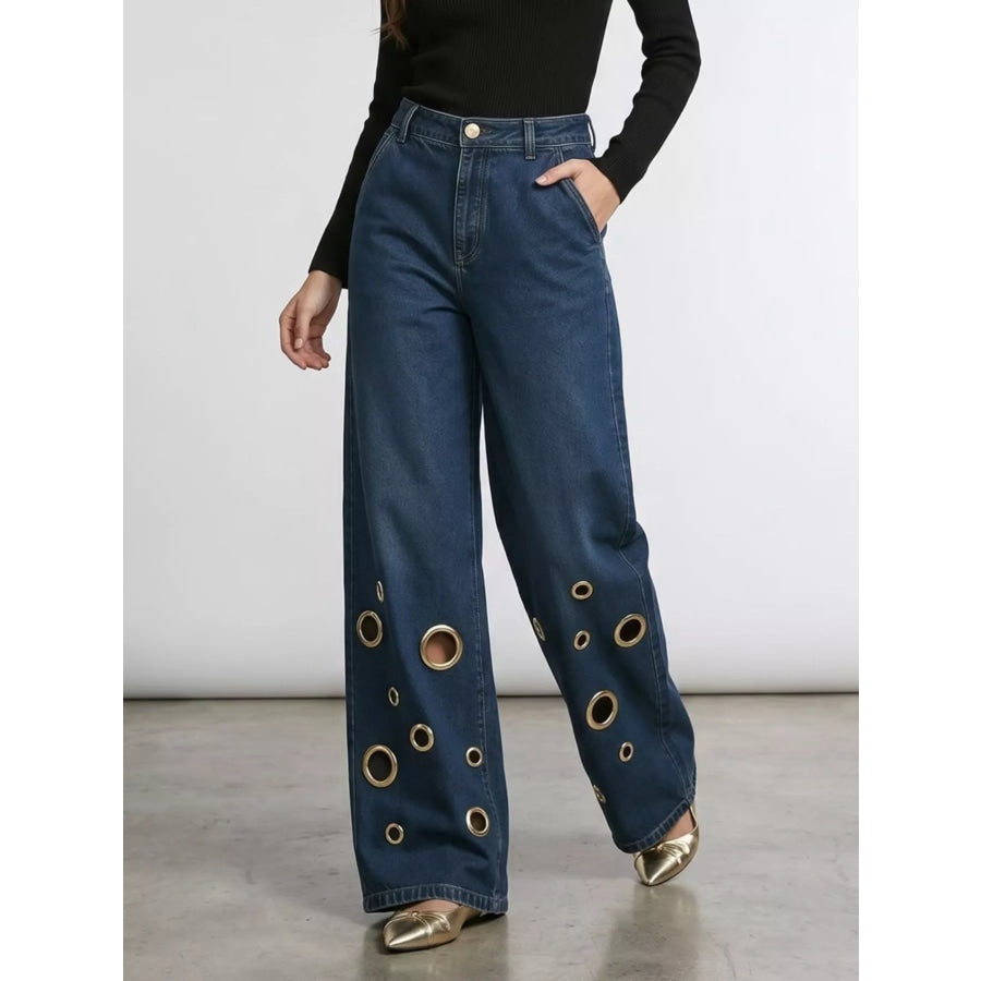 Wide Leg Jeans with Eyelet Details Apparel and Accessories