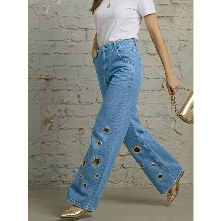 Wide Leg Jeans with Eyelet Details Apparel and Accessories