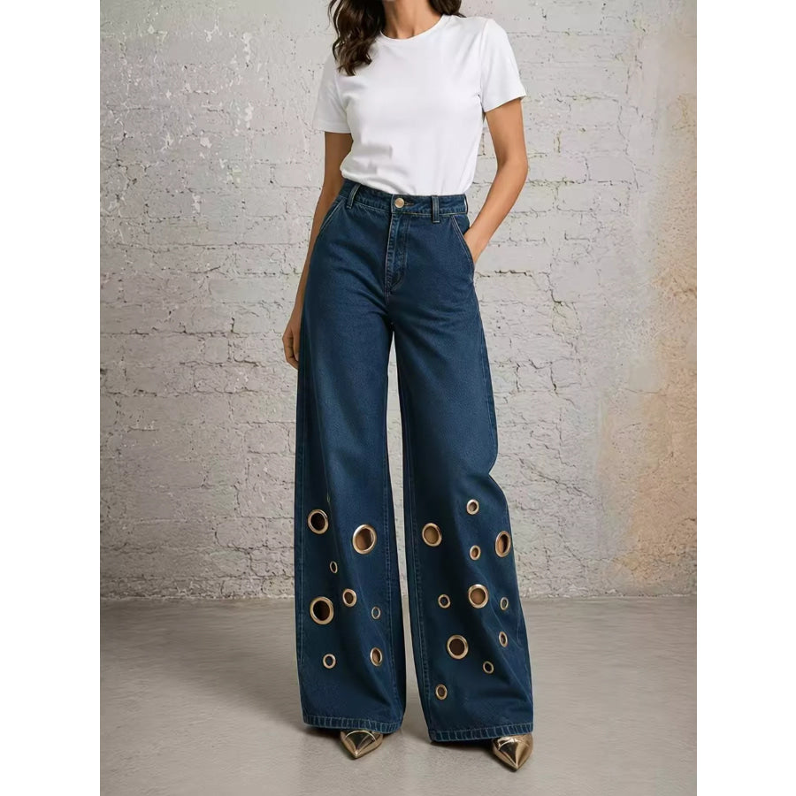 Wide Leg Jeans with Eyelet Details Dark Blue / S Apparel and Accessories