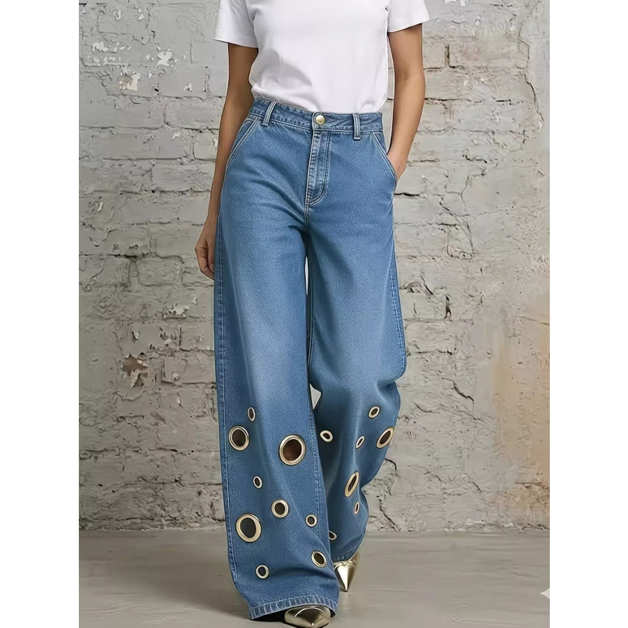 Wide Leg Jeans with Eyelet Details Light Blue / S Apparel and Accessories