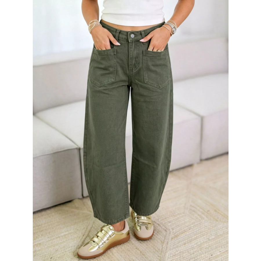 Wide-Leg Jeans with Front Patch Pockets Army Green / S Apparel and Accessories