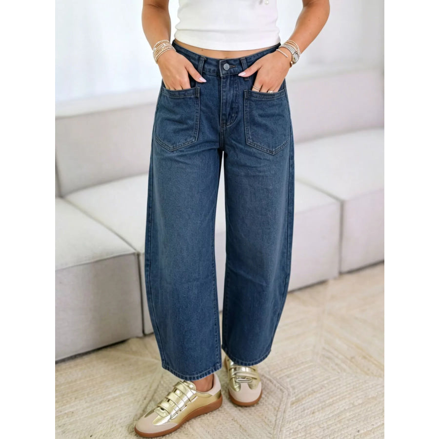Wide-Leg Jeans with Front Patch Pockets Dark Blue / S Apparel and Accessories