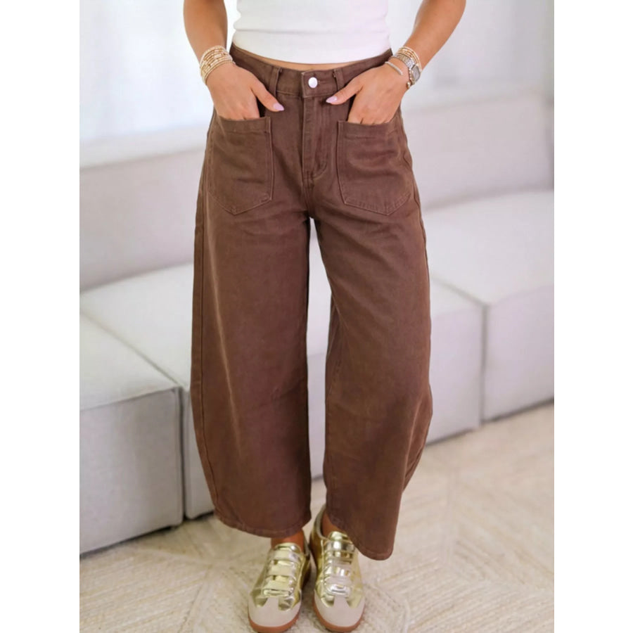 Wide-Leg Jeans with Front Patch Pockets Dark Brown / S Apparel and Accessories