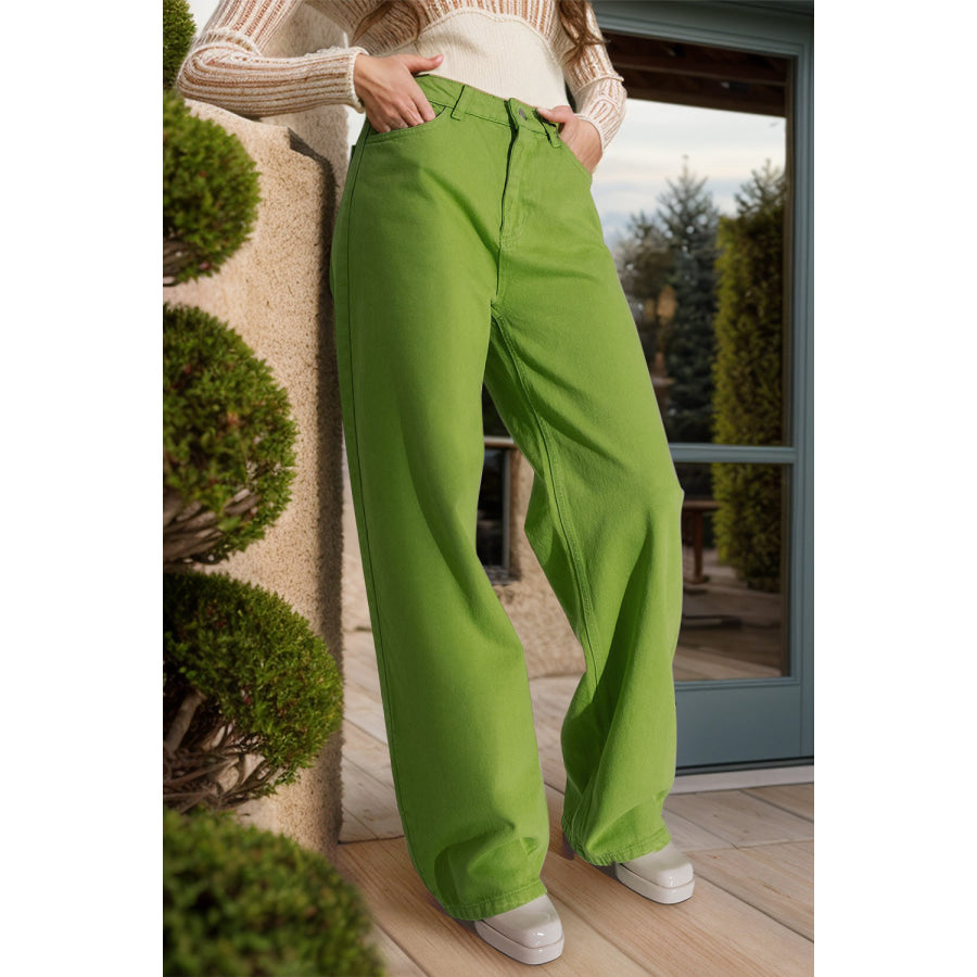 Wide Leg Jeans with Pockets Mid Green / S Apparel and Accessories