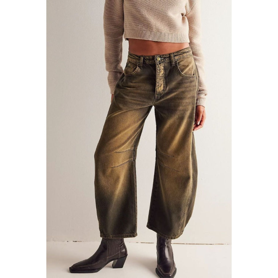 Wide Leg Jeans with Pockets Olive Brown / S Apparel and Accessories