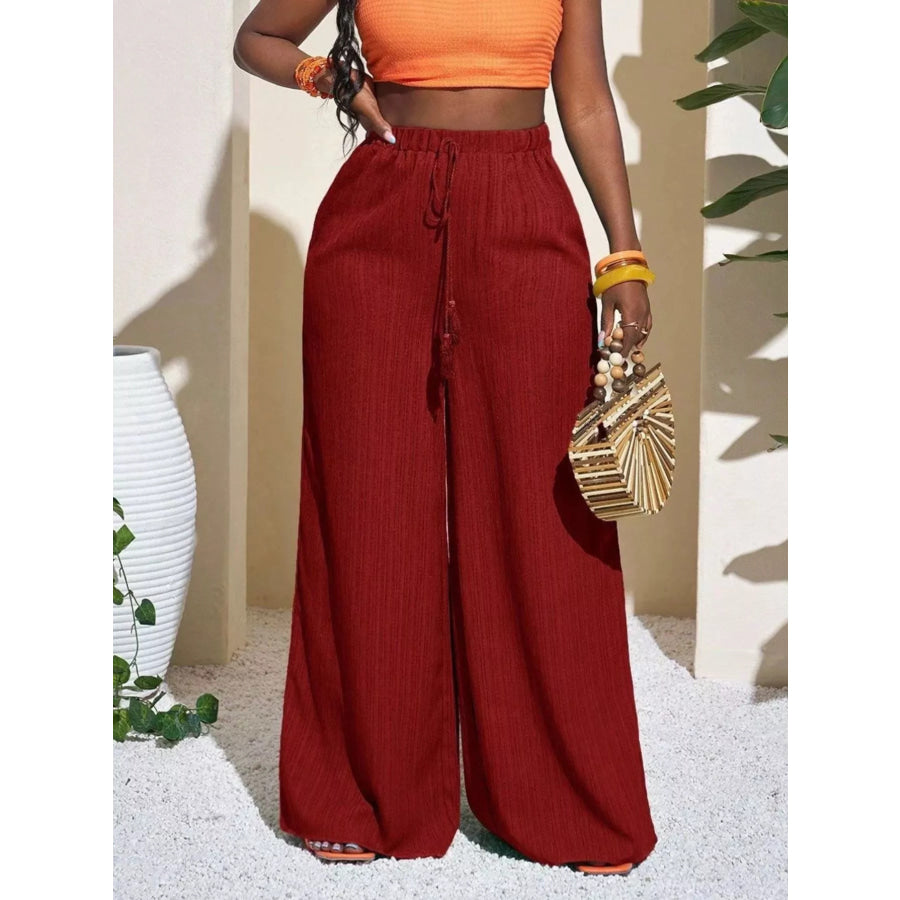 Wide-Leg Pants with Drawstring Red / XS Apparel and Accessories