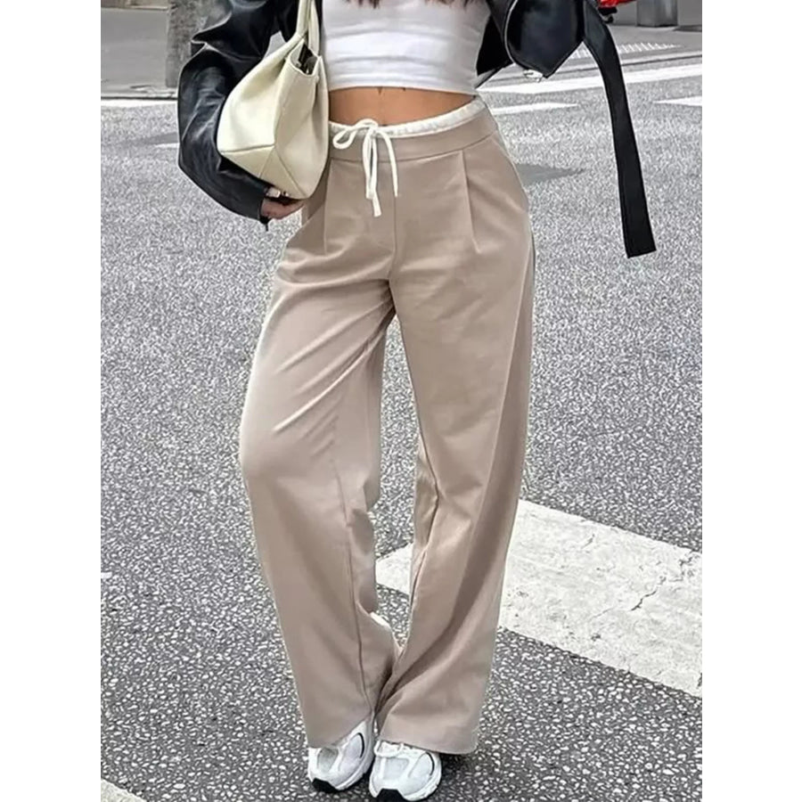 Wide-Leg Pants with Drawstring Waist Khaki / S Apparel and Accessories