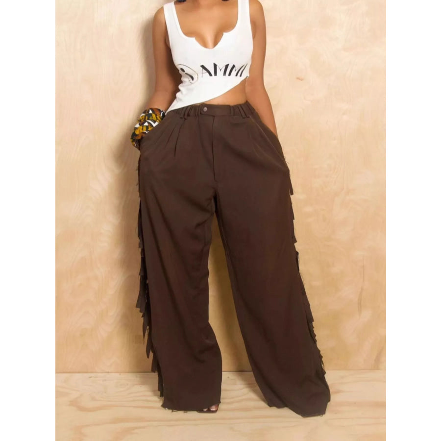 Wide-Leg Pants with Fringed Details Brown / S Apparel and Accessories