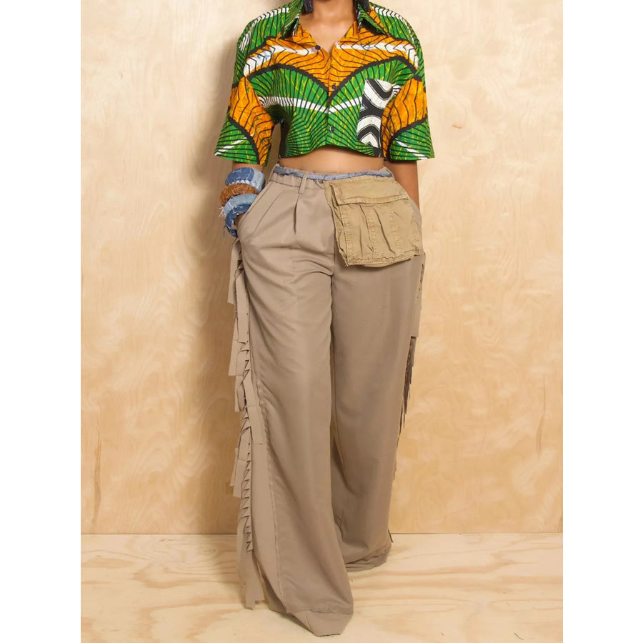 Wide-Leg Pants with Fringed Details Khaki / S Apparel and Accessories
