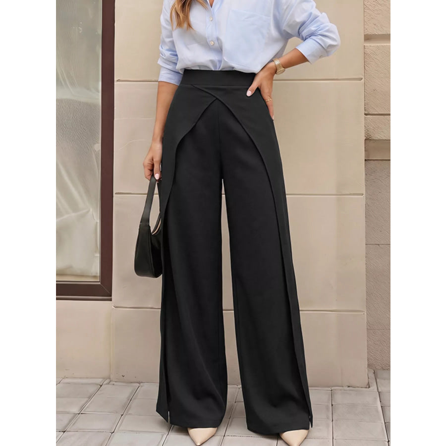 Wide-Leg Pants with Overlap Front Detail Black / S Apparel and Accessories