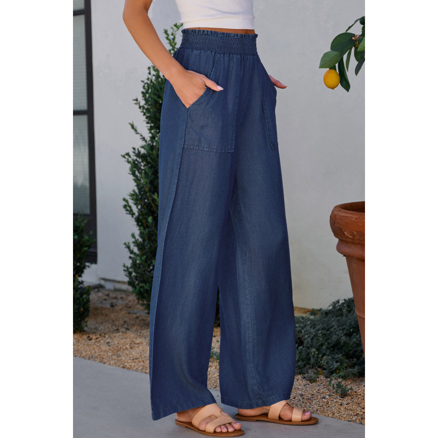 Wide Leg Pants with Pockets Peacock Blue / S Apparel and Accessories