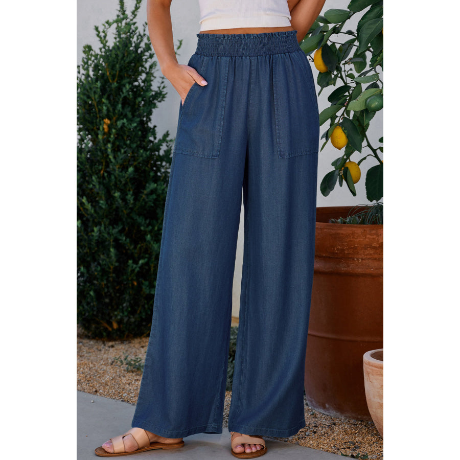 Wide Leg Pants with Pockets Peacock Blue / S Apparel and Accessories