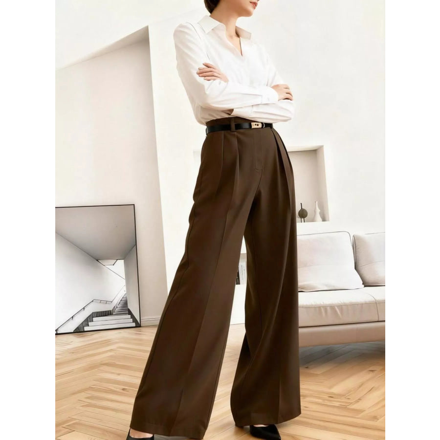 Wide Leg Pleated Pants Chocolate / S Apparel and Accessories